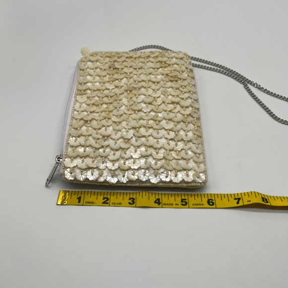 Faux Capiz Shell Beaded Ivory Satin Evening Clutch Crossbody with Chain Strap - Picture 7 of 8